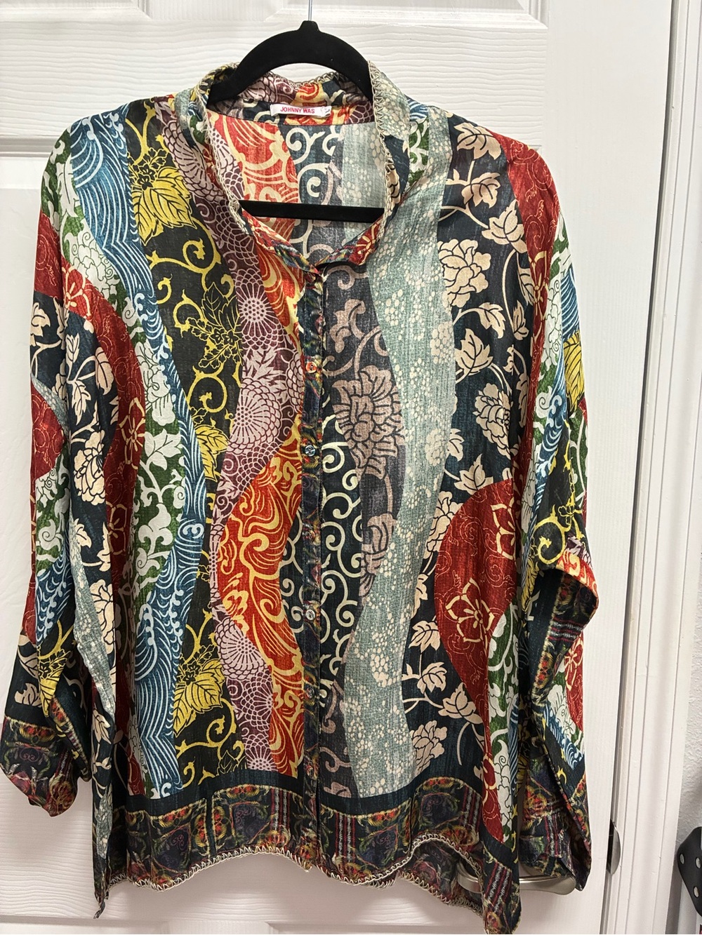 Johnny Was Yellow and Black Floral Silk Top